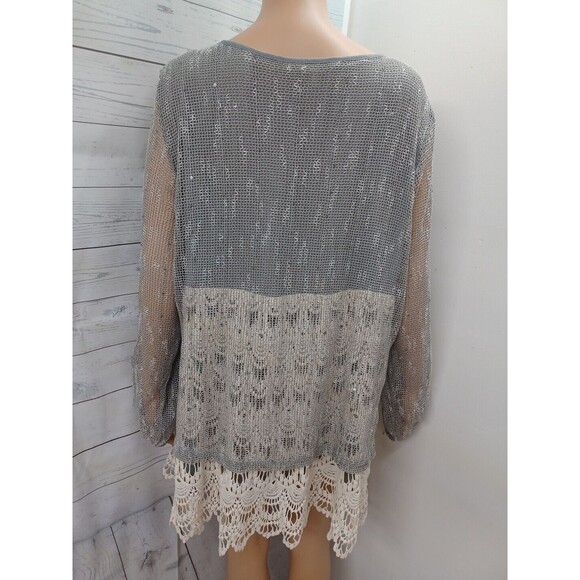 Krazy Kat Gray Ivory Floral 3/4 Puff Sleeve Popover Tunic Top Womens 2X - Picture 6 of 11